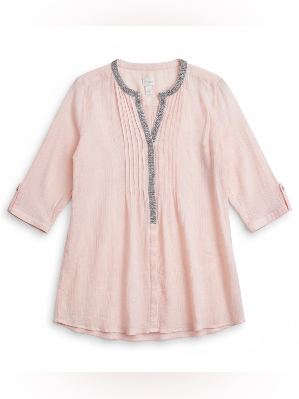Chico's  Hildie Sequin Trim Ruffle Pink Blouse Shirt Tunic Top Sz 2 (L/12)